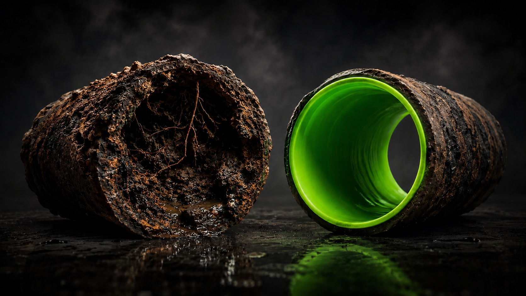 Cast iron pipe before and after UV-cured CIPP lining