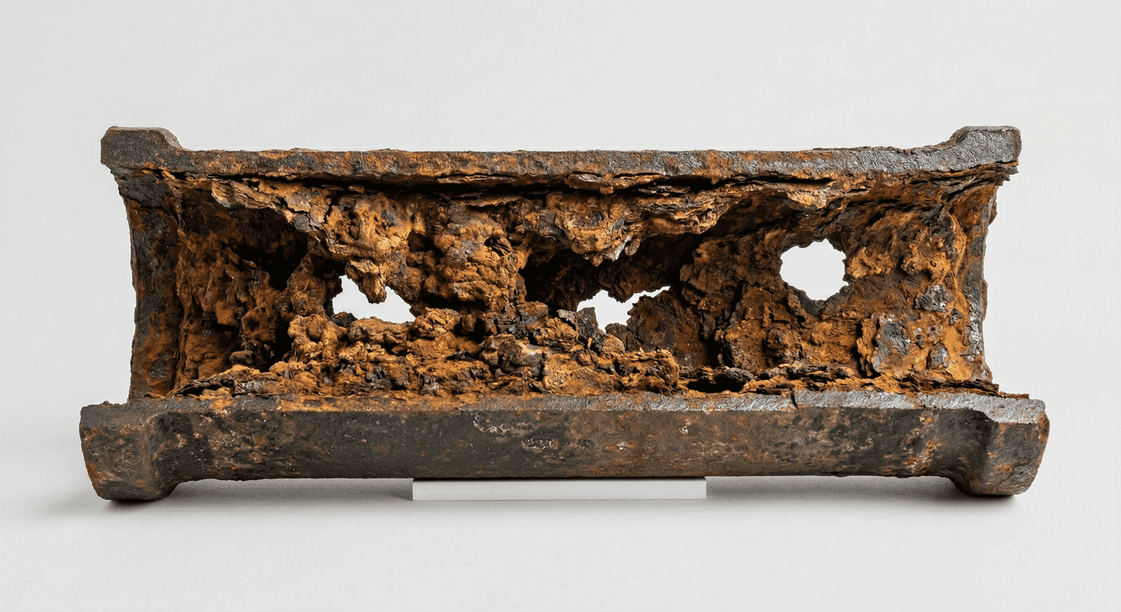Corroded cast iron pipe cross-section showing severe internal corrosion