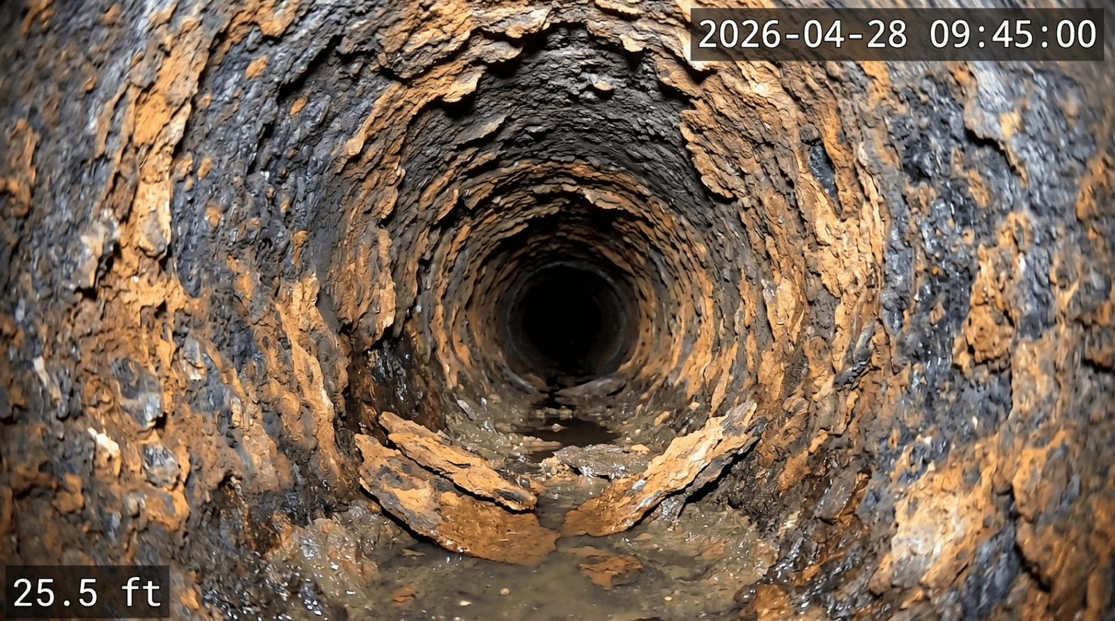 Camera view inside a corroded cast iron drain pipe showing tuberculation buildup