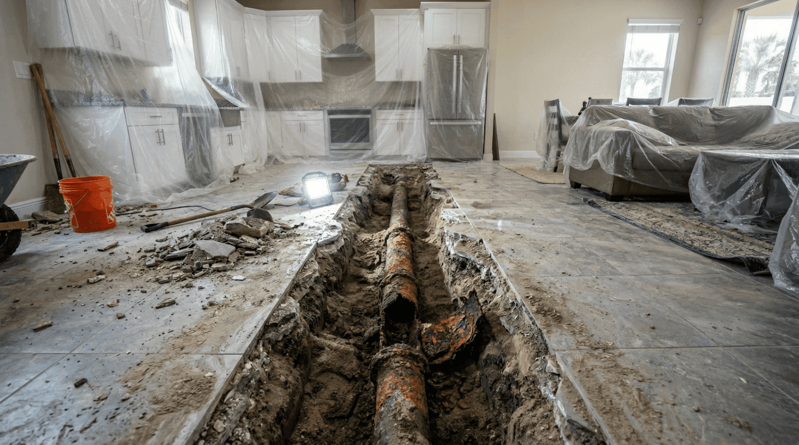 Jackhammered home interior during pipe replacement